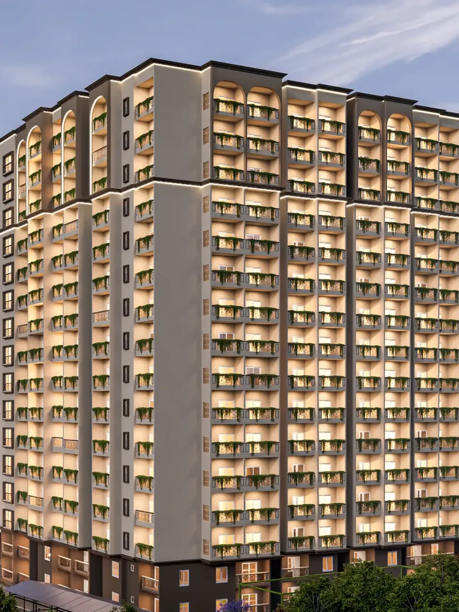 DS Max Sky Sukhino, Magadi Road, artistic impression The lit apartment tower of DS Max Sky Sukhino at dusk