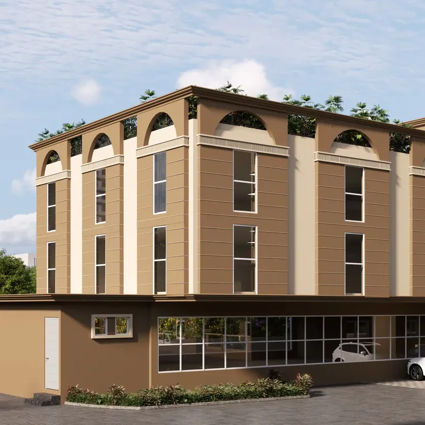 DS Max Sky Sukhino, Magadi Road, artistic impression A low-rise block with arched windows and a glazed ground floor at DS Max Sky Sukhino