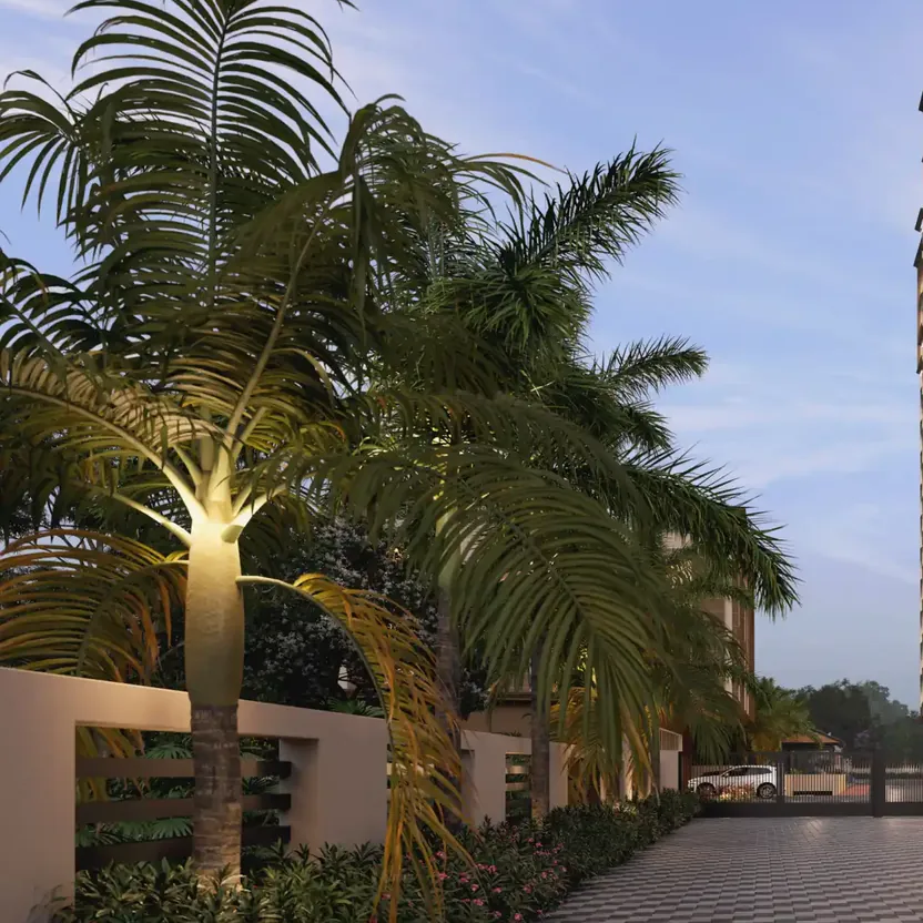 DS Max Sky Sukhino, Magadi Road, artistic impression Palms lit at dusk beside the paved drive of DS Max Sky Sukhino
