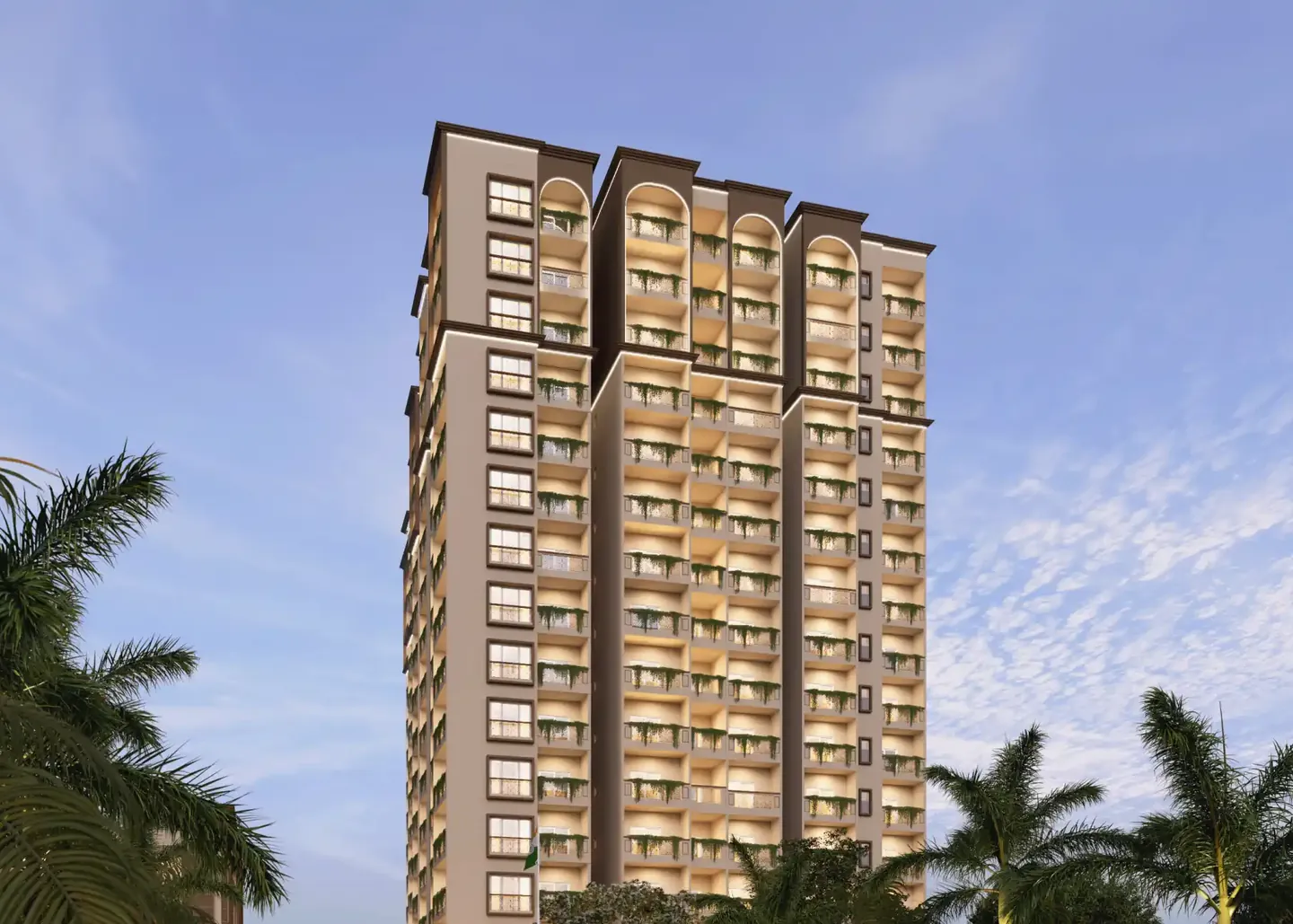 DS Max Sky Sukhino, Magadi Road, artistic impression An apartment tower with arched crowns rising above palms at dusk at DS Max Sky Sukhino